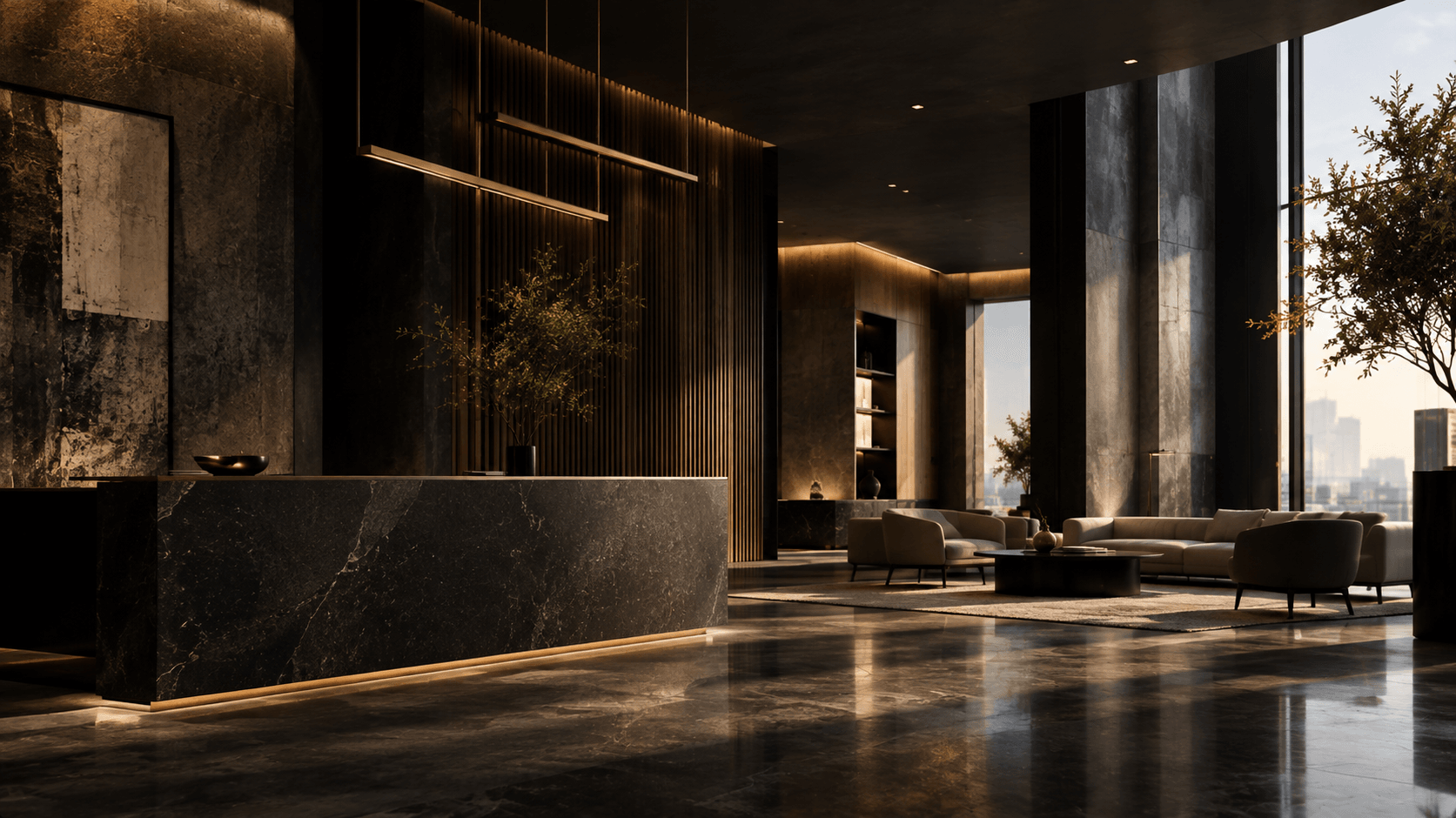 صورة معمارية داخلية فاخرة برخامٍ غامق، وإضاءةٍ نحاسية دافئة، وأثاثٍ معاصر راقٍ — تمثّل البيئة التجارية التي تُحوّلها آش آند قولد.