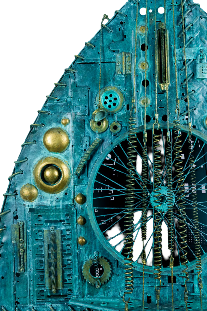 Macro detail of a sculpture mechanism — brass, oxidised copper, hand-finished